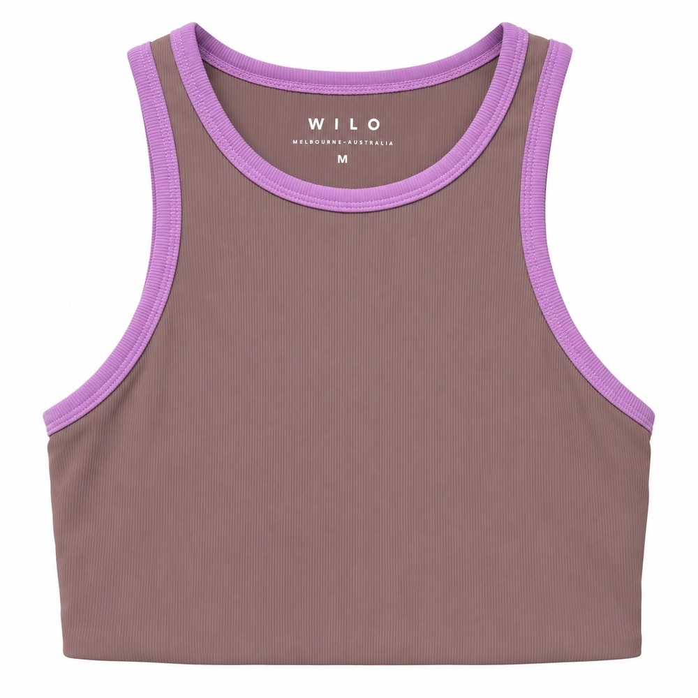 Wilo The Label Ribbed Crop Tank Top Mauve Brown Lilac Trim Size M Activewear